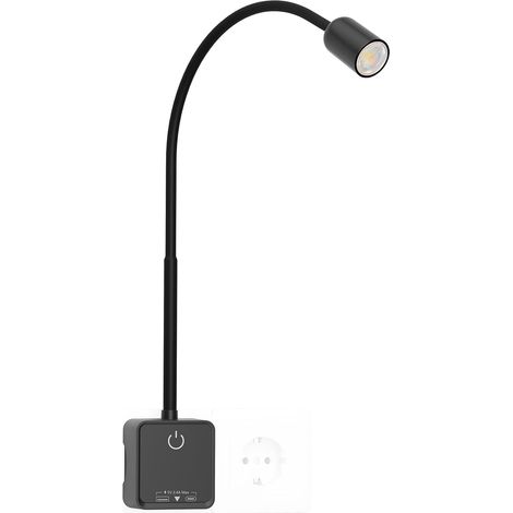 LED Indoor Wall Light with Plug, Black Reading Light, Bedside Reading Lamp, Dimmable LED for Bedroom, 3 Colour Modes, 50° Lighting Angle, USB Output Charge (1/5)