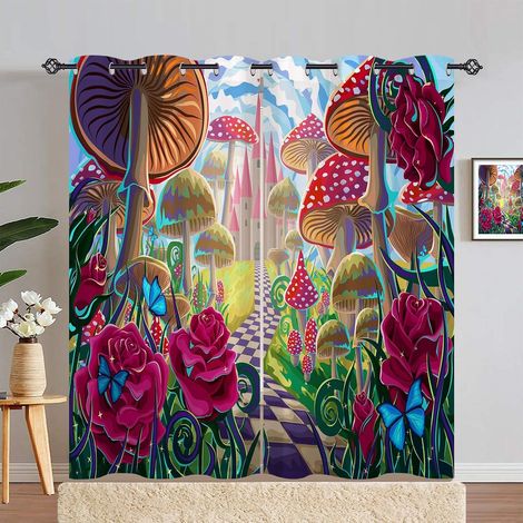Rideau Occultant Champignon Château Papillon Rose Rideau Thermique Isolant Tenture Opaque à Oeillets Draperies Intérieurs pour Maison Chambre Salon 2 Panneaux L 140 x H 280 cm - 140L X 280H cm (2 Pann (1/5)