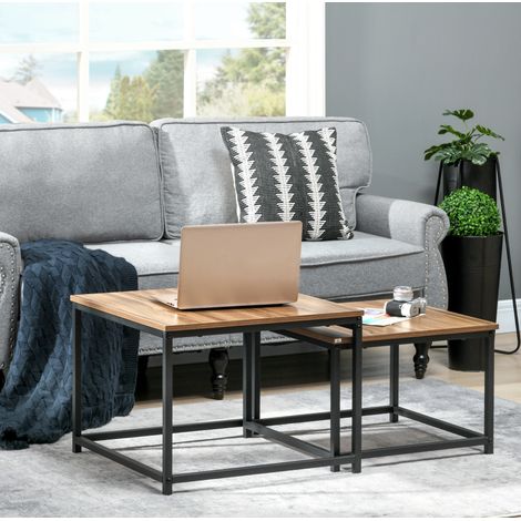 Lot de 2 tables gigognes industrielles, plateau effet bois clair et structure en métal noir, pieds réglables, pour salon et séjour, de CHICFURN (1/5)