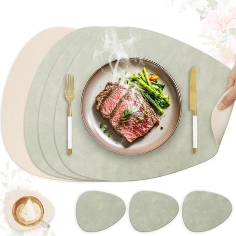 Set di 4 tovagliette in similpelle, lavabili e impermeabili, con sottobicchiere, antiscivolo su entrambi i lati (ovali, verde chiaro + beige) (1/2)