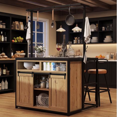 Mueble de cocina multifuncional de 107 x 62 x 183 cm con puertos USB, almacenamiento abierto y puertas correderas - madera (1/5)
