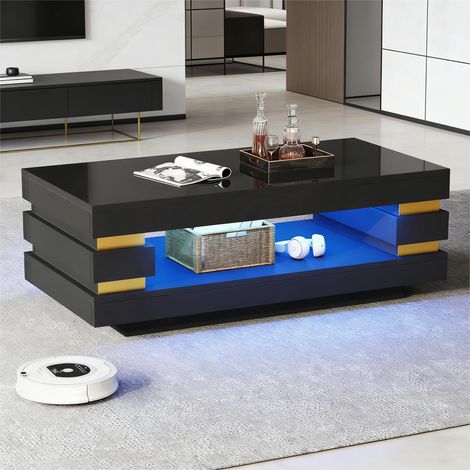 REDOM Table basse 100x50x35 cm, rangement central ouvert, bande LED intégrée, panneau de particules et métal, noir (1/5)