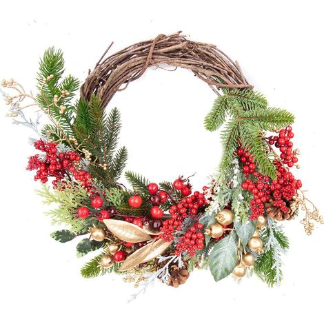 Ghirlanda retro porta natalizia decorato con bacche oro e pigne Ø 46 cm