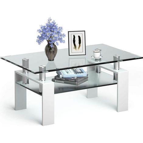 Table Basse en Verre Trempé, Forme Rectangulaire avec Etagère, Tube en Acier Inoxydable,Pied en Acier, 99x60x44,5CM, Charge 130KG, Blanc (1/5)