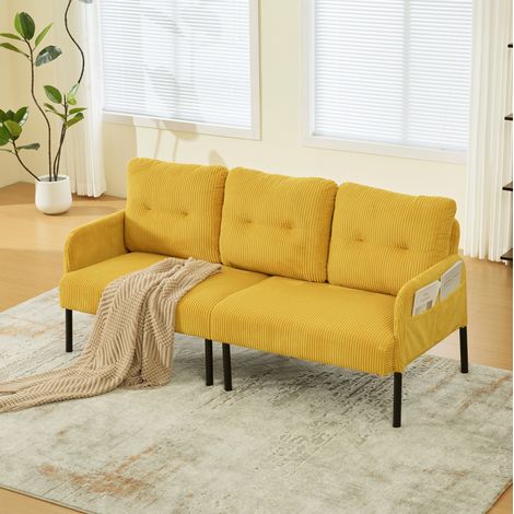 Divano 3 posti 171x72x80 cm giallo con tasche laterali, tessuto a coste e piedini in metallo MEUBLIV (1/5)