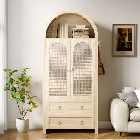 Aparador de MDF color roble con puertas efecto ratán, 80 x 40 x 180 cm, 2 cajones y baldas regulables (1/5)