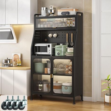 Buffet de cuisine noir 76x36x160cm avec roulettes et portes vitrées (1/5)
