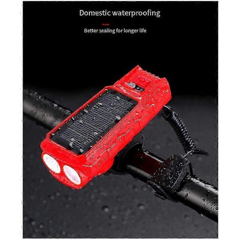 Phare de vélo avec klaxon 400 lm, double recharge solaire/USB, étanche, idéal pour rouler de nuit (1/4)