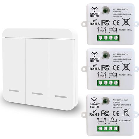 Mini commutateur WiFi sans fil télécommande RF 2500W 10A 3 récepteurs avec 1 interrupteur mural sans fil contrôle intelligent via l'application Tuya compatible avec Alexa/Google Home (1/5)