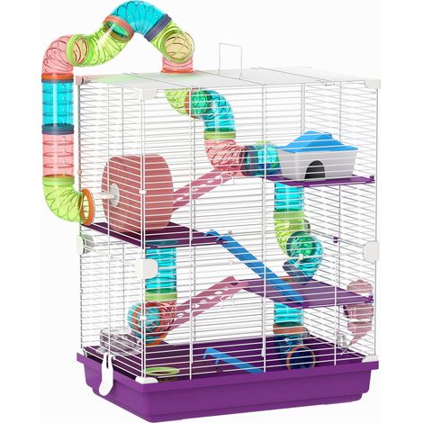 Cage à hamster à 4 étages avec tunnels, gamelle, roue d'exercice, maisonnette et échelles, 46 x 30 x 58 cm, violette (1/5)