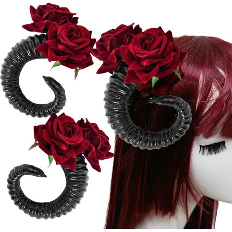 Barrette à cheveux à corne de bélier décorée de roses rouges artificielles, pince à cornes de diable gothique, accessoire capillaire décoratif effrayante de cosplay Halloween pour femmes, accessoire p (1/5)