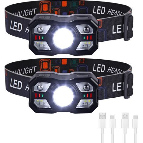 Lampe Frontale LED Rechargeable Puissante 2 Pcs, Ultra Lumineuse 2000 Lumens, Légère et Durable avec Capteur et Rouge 10 Modes d'Éclairage IPX5 pour Course, Pêche, Cyclisme, Camping