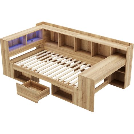 Lit enfant, lit de rangement 90x200 avec éclairage LED, ports de charge USB et bureau, lit simple, lit de jour, lit plateforme en bois en L, lit de jour avec étagères et tiroirs, couleur naturelle (1/5)