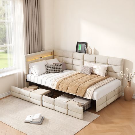 Polsterbett Einzelbett 90x200 cm mit Stauraum, mit LED und USB-Ladeanschlüssen,  Modernes Jugendbett in L-Form, Bettgestell mit Kopfteil und Lattenrost, Leinen Beige, Ohne Matratze
