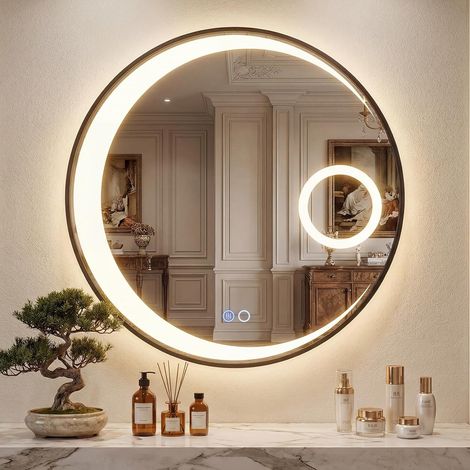 COSTWAY Specchio da Bagno LED da 61 Cm, Specchio da Trucco Circolare con Cornice in Alluminio, Funzione Anti-Appannamento, 3 Colori di Luce e Lente d’Ingrandimento 3X, Specchio Smart da Parete (1/5)