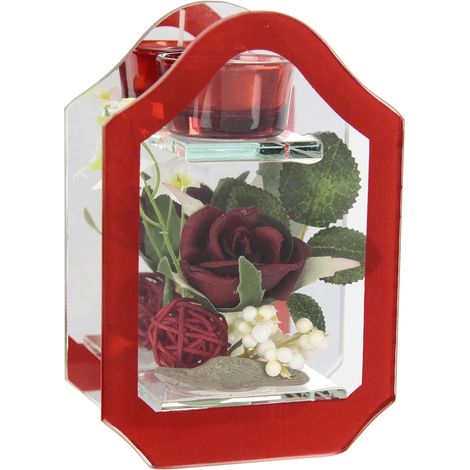 Bougeoir en Verre avec Bougie Chauffe-Plat et Roses artificielles - Décoration Romantique pour célébrations et Mariages - Rouge, Polyester, Verre, Cire (1/3)