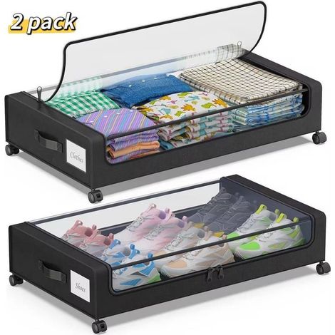 Lot de 2 boîtes de rangement sous‑lit sur roulettes, bac tissu Oxford cadre métallique, couvercle et fenêtre transparente, rangement vêtements chaussures