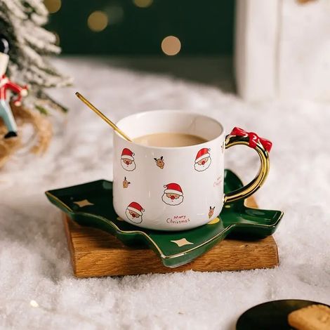 Ensemble tasse et soucoupe Père Noël (250 ml), tasse en céramique en forme de sapin de Noël, coffret cadeau raffiné