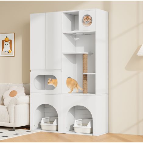 Mobile per lettiera a 2 vasche con tiragraffi, MDF bianco, 140 x 45 x 195 cm HAVRYA (1/5)