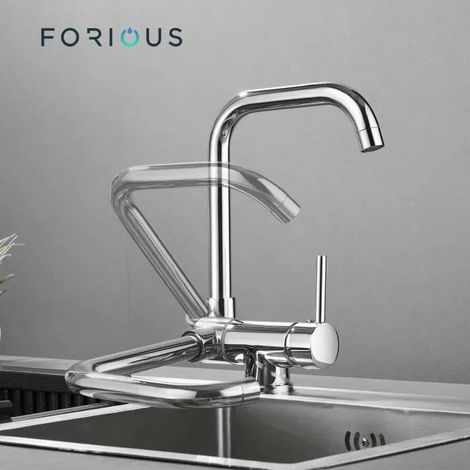 Robinet de cuisine rabattable rotatif 360° – Acier inoxydable 304 – Finition chromée – Mousseur anti-éclaboussure – Hauteur sous bec 227mm (1/5)