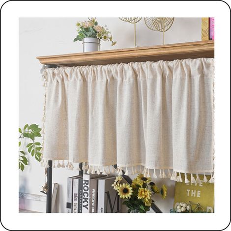 Rideau court en voile, rideau de style bistro, rideau bohème opaque, lin, coton, beige, uni, rideau court à pompons pour cuisine, salon, chambre, 1 pièce
