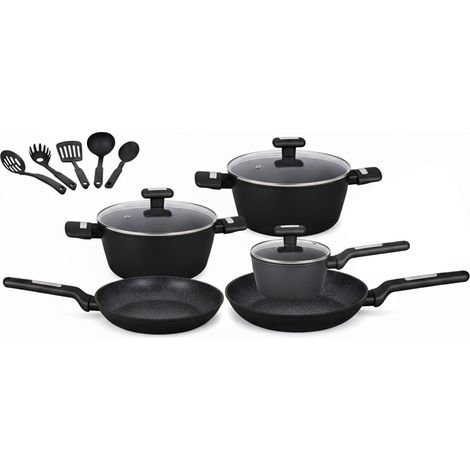 Wintem - Batteria Pentole e Padelle 13 Pezzi Antiaderenti nere per Cucina Moderna e Tradizionale Compatibile con Piano a Induzione, Rivestimento in Alluminio, Coperchi in Vetro e Manici Ergonomici (1/5)