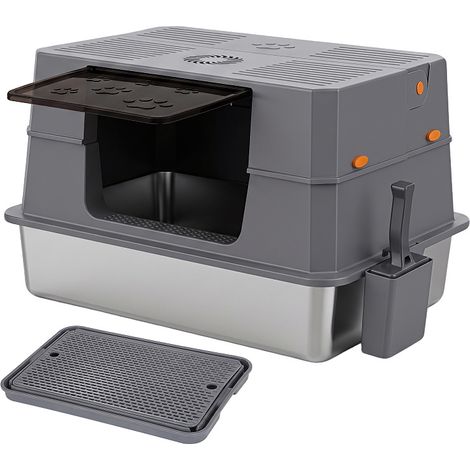 TolleTour Bac à litière XXL en acier inoxydable 71 x 51 x 43 cm semi ouvert avec couvercle latéral gris noir (1/5)