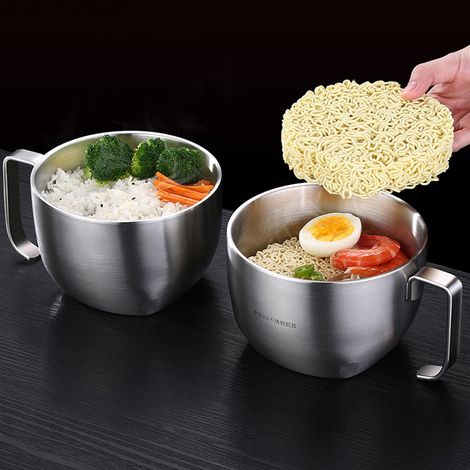 Bol à soupe en acier inoxydable pour nouilles instantanées avec couvercle et poignée, idéal pour la maison ou les dortoirs. (1/5)