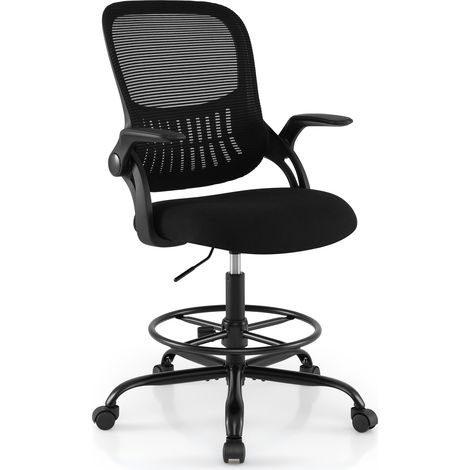 COSTWAY Drafting Chair Tall Mesh Swivel Task Chair with Flip Up Armrests
