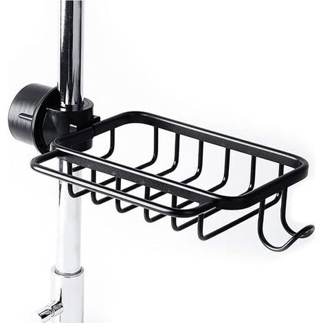 Porte-éponge évier avec crochet, panier de rangement en aluminium pour robinet de cuisine, support douche, étagère savon shampoing, modèle noir renforcé (1/5)