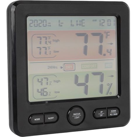 Thermomètre d'intérieur numérique couleur avec alarme, moniteur de température et d'humidité, réveil de chevet noir (1/5)