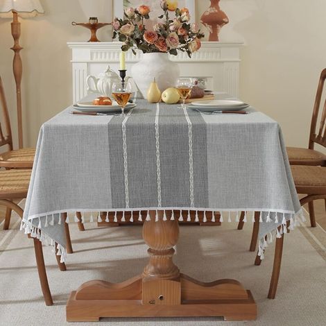 Spill-proof polyester tablecloth with tassels for banquet table decoration, party, farmhouse style, wrinkle-resistant and easy to clean - 160 x 100 cm