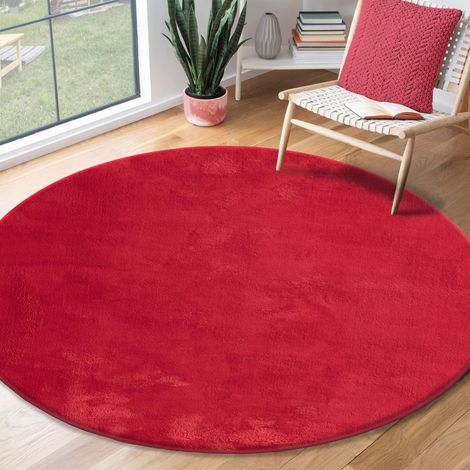 Tapis Moderne Moelleux à Poils Courts, antidérapant, Lavable Jusqu’à 30°C, Super Doux, Aspect Fourrure, pour Salon et Chambre, décoratif, Rouge, 200 cm Rond (1/5)