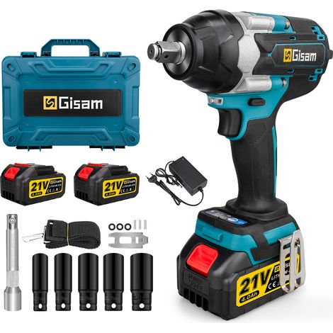 Gisam – Clé à chocs sans fil 1000Nm – Moteur Brushless – 2 batteries 4,0Ah – Vitesse 0-3300 tr/min – Douilles 17-24mm pour camion et mécanique lourde