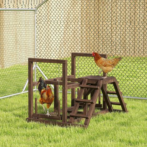 Aire de jeux en bois. Perchoir en bois pour poule. avec balançoire. échelle. plateformes. 82 x 60 x 55 cm. marron