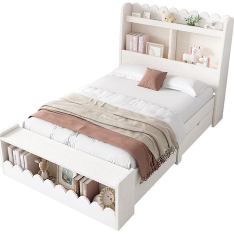Lit d'enfant Lit simple avec tiroirs, étagère et banc avec espace de rangement, lit en bois 90x200 cm, cadre de lit et sommier en bois, blanc avec couleur chêne (sans matelas) (1/5)