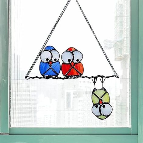 Ensemble de 3 décorations de fenêtre, attrape-soleil en résine colorée avec motif hibou et oiseaux multicolores. (1/5)