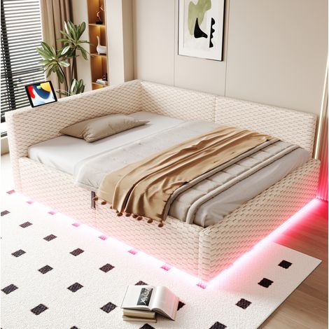 DESVIAE Lit rembourré 140 x 200 cm avec coffre de rangement hydraulique LED ports USB et USB C dossier en L velours beige (1/5)