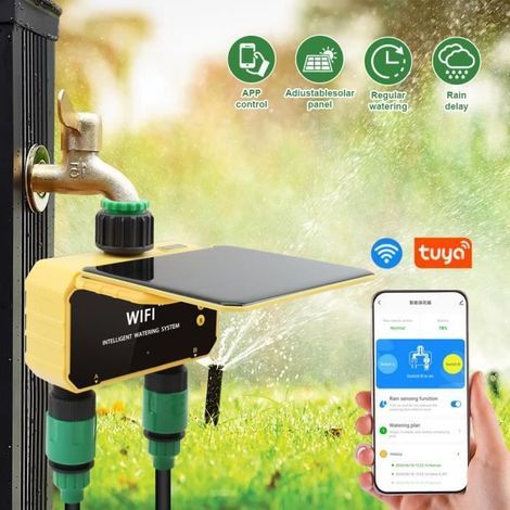 1 WLAN-gesteuerte automatische Bewässerungsuhr, integrierte Solarpaneele, Regensensor, für Gemüsegarten und Balkon (1/5)
