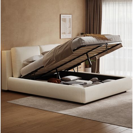 Cama doble 160x200 cm beige en bouclé con somier, cabecero acolchado y almacenaje hidráulico (1/5)