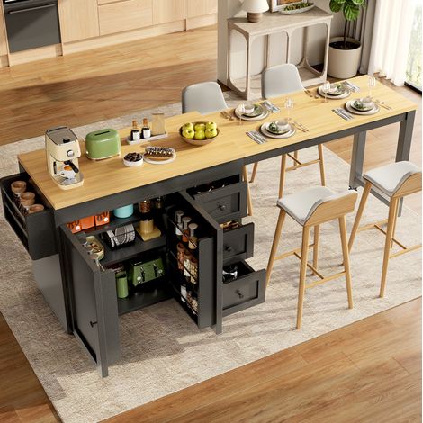 Meuble de cuisine extensible avec rangement, 116–179,5 cm, 3 tiroirs, roulettes, noir DESVIAE (1/5)
