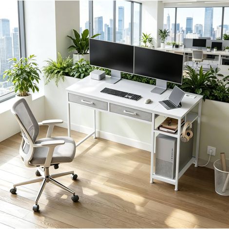 Bureau 120 cm avec 2 tiroirs en tissu, blanc, OKMYHOME (1/5)