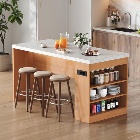 Îlot de cuisine 155x80x90cm plan 40mm, éclairage LED, prises secteur + USB, 3 étagères ouvertes, modèle moderne cuisine salle à manger, sans chaises, naturel blanc (1/5)