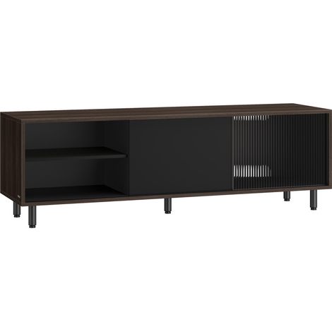 Montage Rapide sans Outils, Meuble TV pour TV Jusqu’à 60 Pouces, Meuble TV pour Salon, Banc TV, Verre Cannelé, Moderne, 140 x 39 x 45 cm, Marron Cendré et Noir d'encre (1/5)
