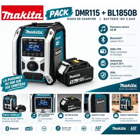 Makita DMR115T1 – Radio de chantier 25 W Bluetooth®, DAB/DAB+ FM + Batterie 18 V 5,0 Ah BL1850B (1/2)