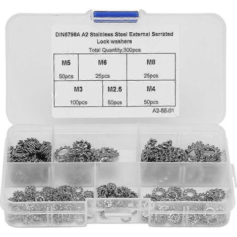 Kit de 300 rondelles frein externes dentées M2.5 / M3 / M4 / M5 / M6 / M8 avec joint plat assorti (1/5)
