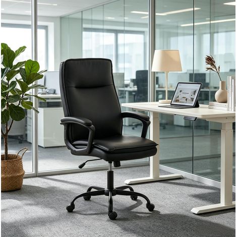 Ergonomischer Bürostuhl aus schwarzem PU mit hoher Rückenlehne und Höhenverstellung (1/5)