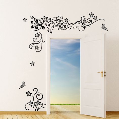 Autocollant mural en PVC, vigne de fleur noire, décalcomanie d'art en vinyle, décor de salon et de chambre à coucher amovible