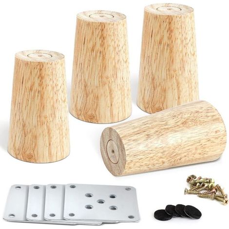 Aougo – Lot de 4 pieds de meuble en bois dur 8 cm – Plaques de montage en fer et tampons antidérapants – Capacité de charge 100 kg (1/5)