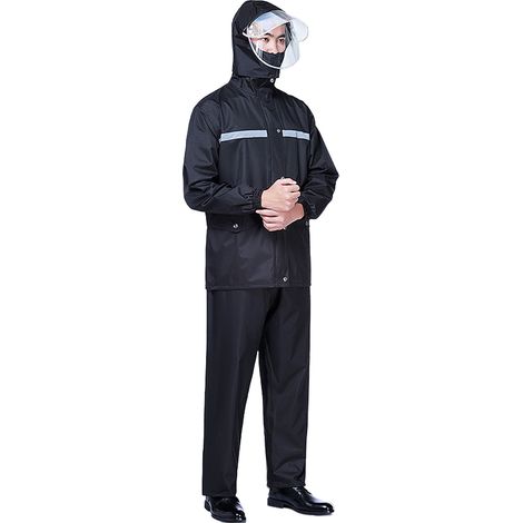 Combinaison de pluie noire polyvalente, réfléchissante, légère, imperméable, pliable et respirante, avec pantalon de pluie pour adultes (taille L). (1/5)